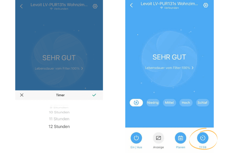 VeSync App zeigt die Timereinstellung in Stunden und wie viel noch von der Zeit übrig ist